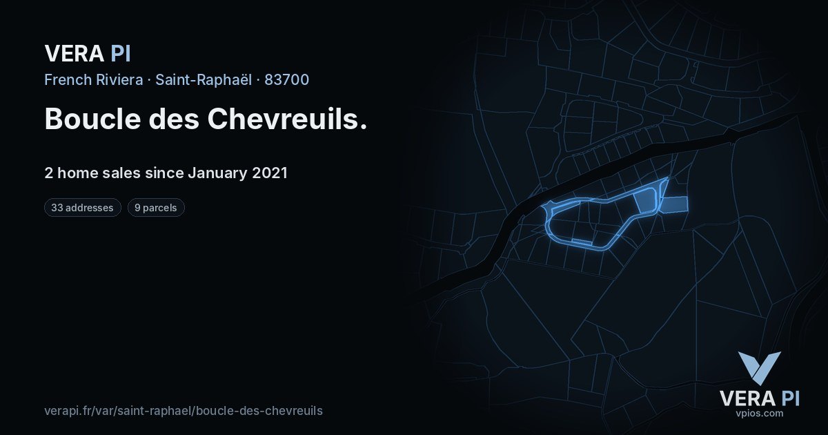 Boucle des Chevreuils, Saint-Raphaël at night – every parcel coloured by the prices around it, the street's own parcels lit