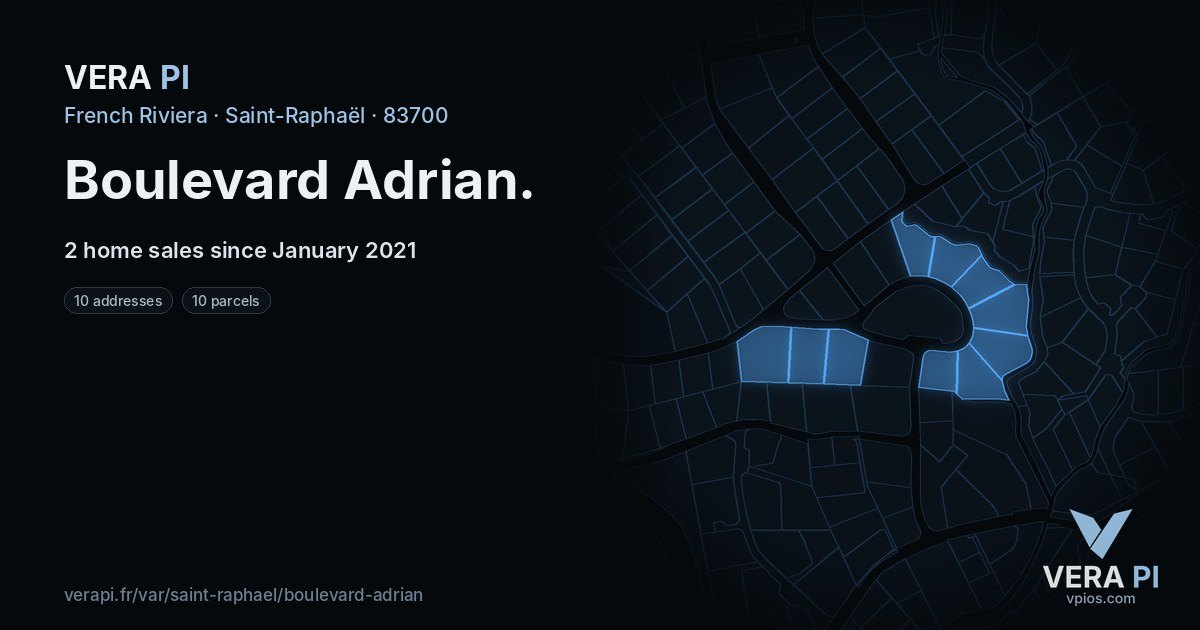 Boulevard Adrian, Saint-Raphaël at night – every parcel coloured by the prices around it, the street's own parcels lit
