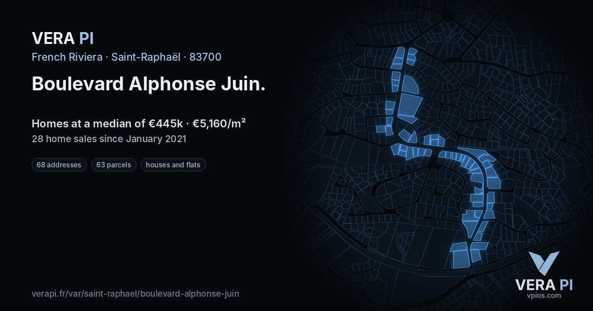 Boulevard Alphonse Juin, Saint-Raphaël at night – every parcel coloured by the prices around it, the street's own parcels lit