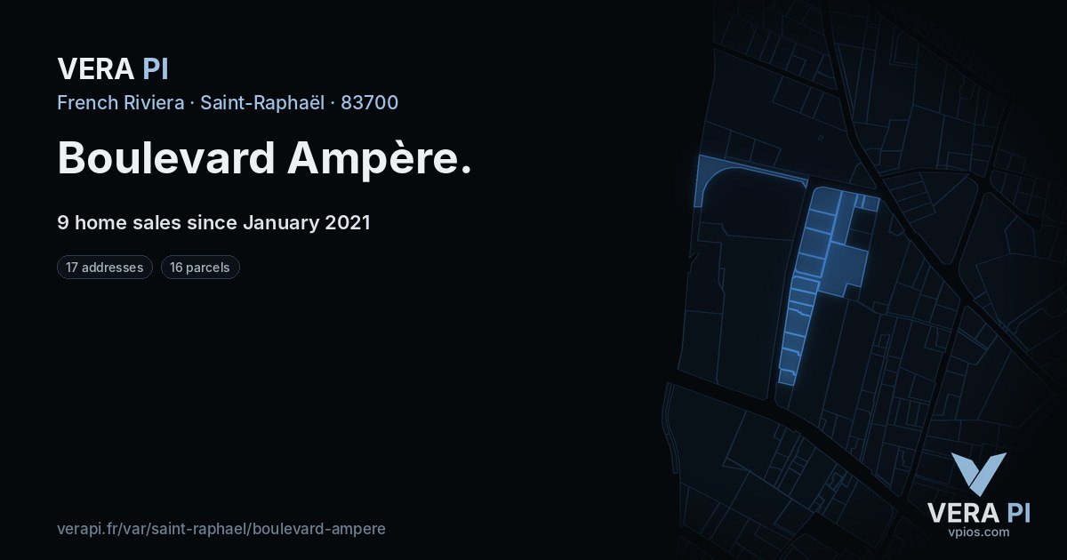 Boulevard Ampère, Saint-Raphaël at night – every parcel coloured by the prices around it, the street's own parcels lit
