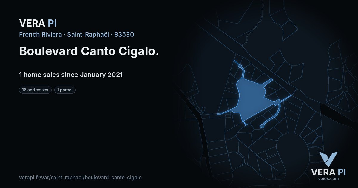 Boulevard Canto Cigalo, Saint-Raphaël at night – every parcel coloured by the prices around it, the street's own parcels lit