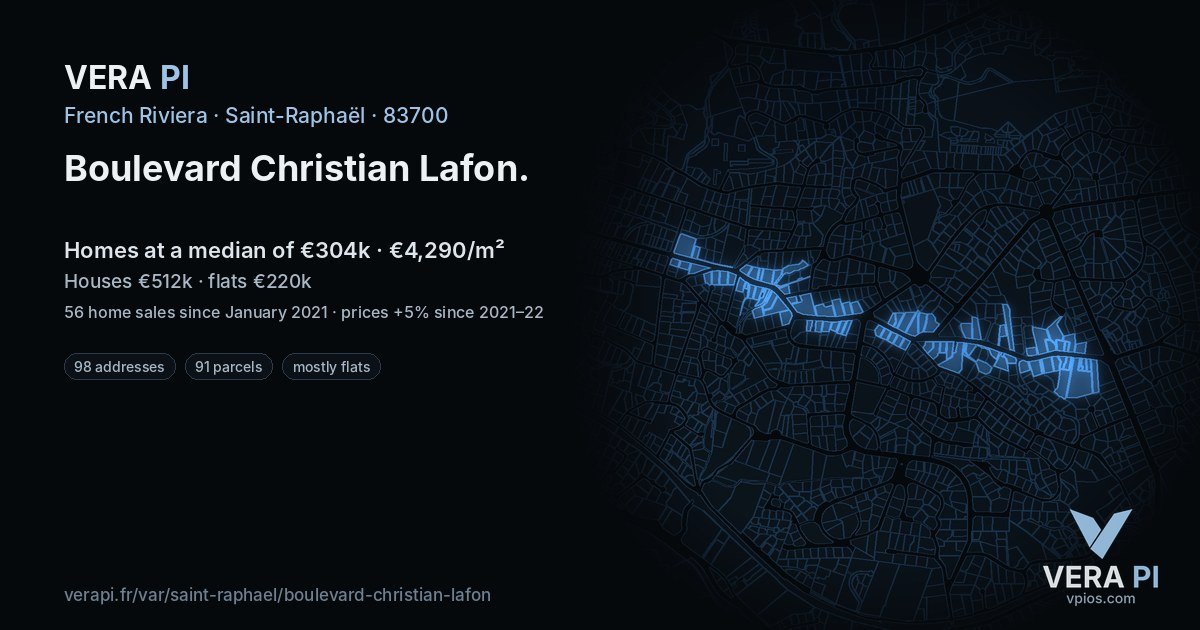 Boulevard Christian Lafon, Saint-Raphaël at night – every parcel coloured by the prices around it, the street's own parcels lit