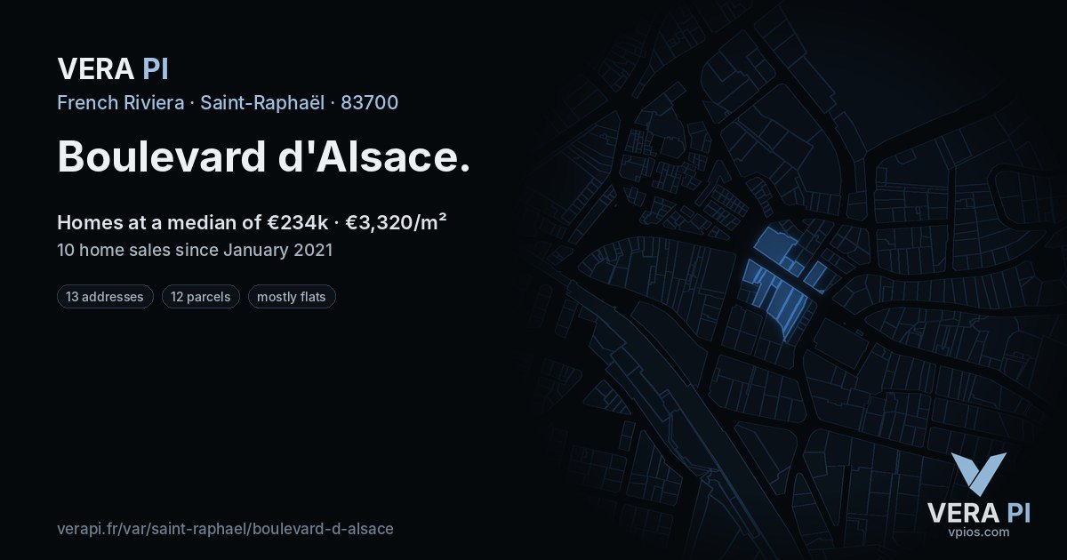 Boulevard d'Alsace, Saint-Raphaël at night – every parcel coloured by the prices around it, the street's own parcels lit