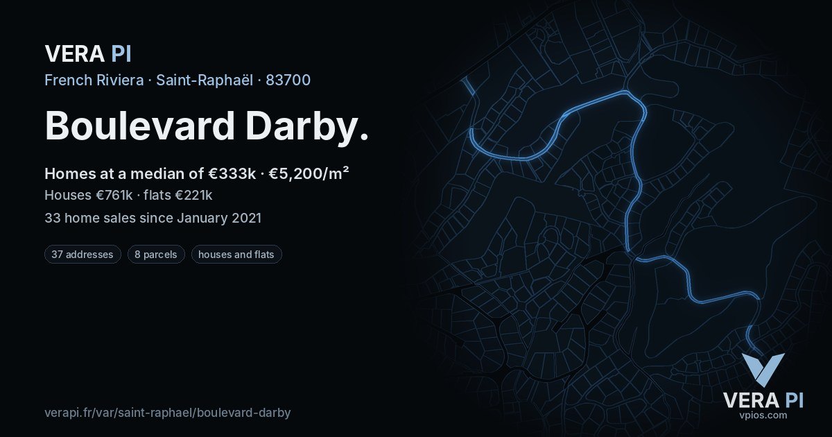 Boulevard Darby, Saint-Raphaël at night – every parcel coloured by the prices around it, the street's own parcels lit