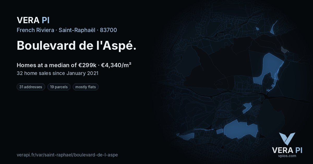 Boulevard de l'Aspé, Saint-Raphaël at night – every parcel coloured by the prices around it, the street's own parcels lit