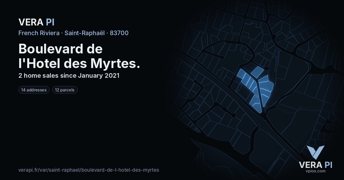 Boulevard de l'Hotel des Myrtes, Saint-Raphaël at night – every parcel coloured by the prices around it, the street's own parcels lit