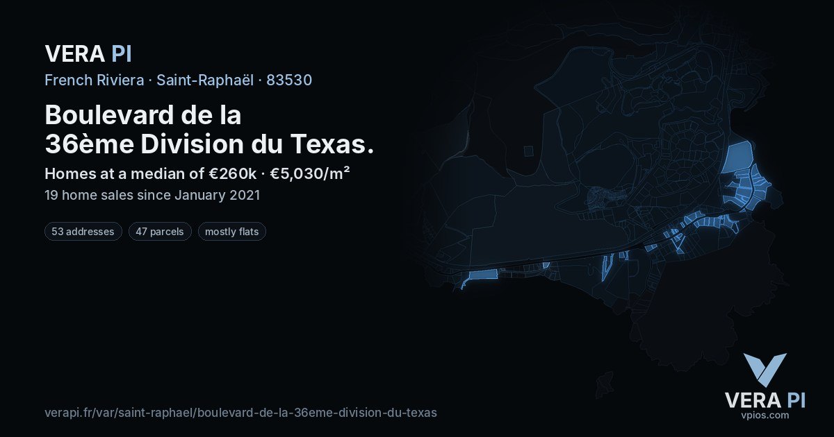 Boulevard de la 36ème Division du Texas, Saint-Raphaël at night – every parcel coloured by the prices around it, the street's own parcels lit
