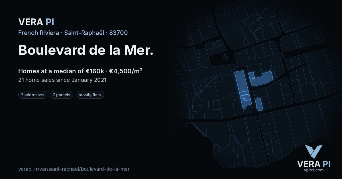 Boulevard de la Mer, Saint-Raphaël at night – every parcel coloured by the prices around it, the street's own parcels lit