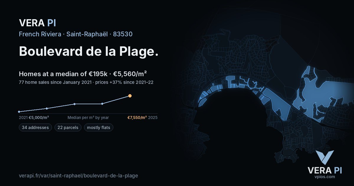 Boulevard de la Plage, Saint-Raphaël at night – every parcel coloured by the prices around it, the street's own parcels lit
