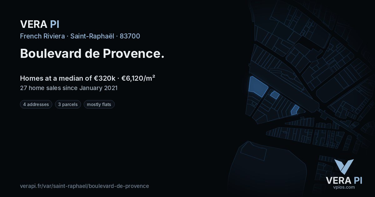 Boulevard de Provence, Saint-Raphaël at night – every parcel coloured by the prices around it, the street's own parcels lit