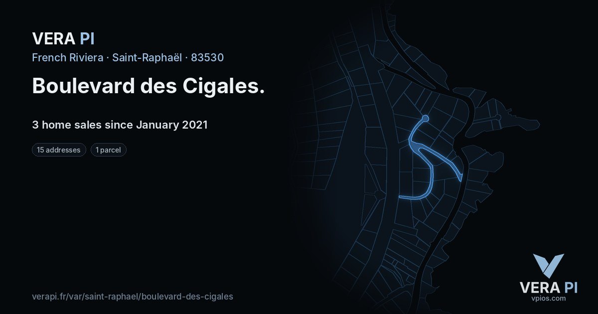 Boulevard des Cigales, Saint-Raphaël at night – every parcel coloured by the prices around it, the street's own parcels lit