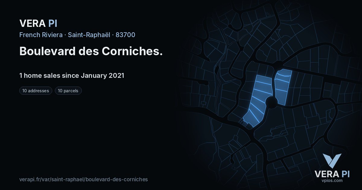 Boulevard des Corniches, Saint-Raphaël at night – every parcel coloured by the prices around it, the street's own parcels lit