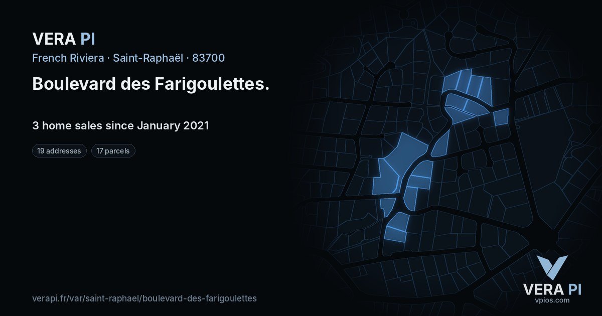 Boulevard des Farigoulettes, Saint-Raphaël at night – every parcel coloured by the prices around it, the street's own parcels lit