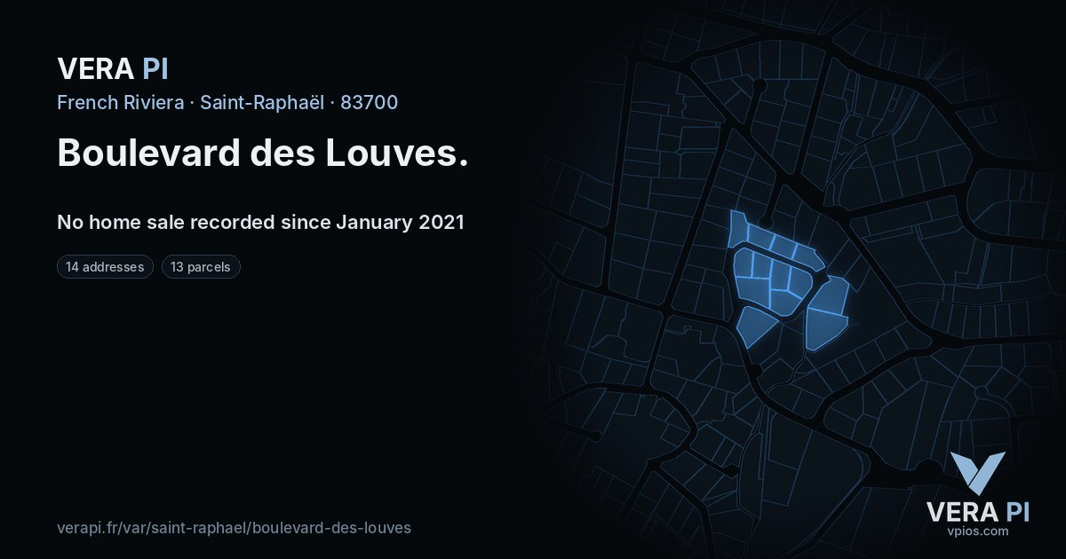 Boulevard des Louves, Saint-Raphaël at night – every parcel coloured by the prices around it, the street's own parcels lit