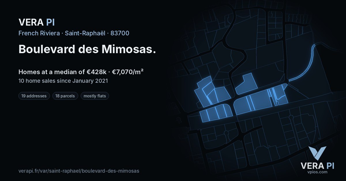 Boulevard des Mimosas, Saint-Raphaël at night – every parcel coloured by the prices around it, the street's own parcels lit