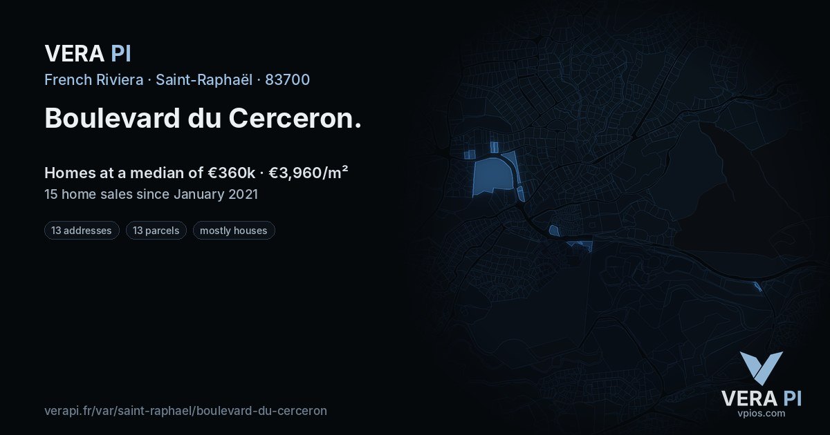 Boulevard du Cerceron, Saint-Raphaël at night – every parcel coloured by the prices around it, the street's own parcels lit