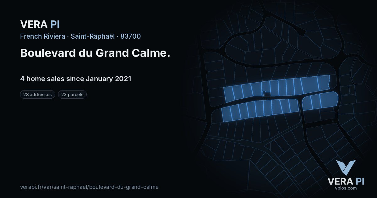 Boulevard du Grand Calme, Saint-Raphaël at night – every parcel coloured by the prices around it, the street's own parcels lit