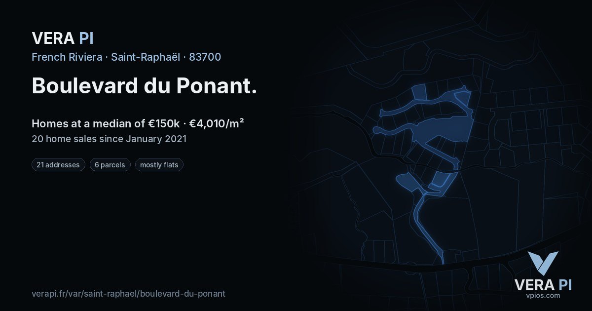Boulevard du Ponant, Saint-Raphaël at night – every parcel coloured by the prices around it, the street's own parcels lit