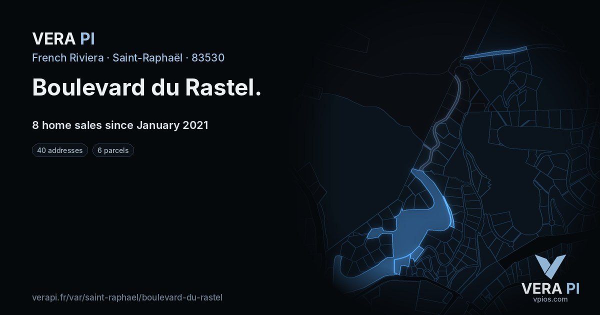 Boulevard du Rastel, Saint-Raphaël at night – every parcel coloured by the prices around it, the street's own parcels lit