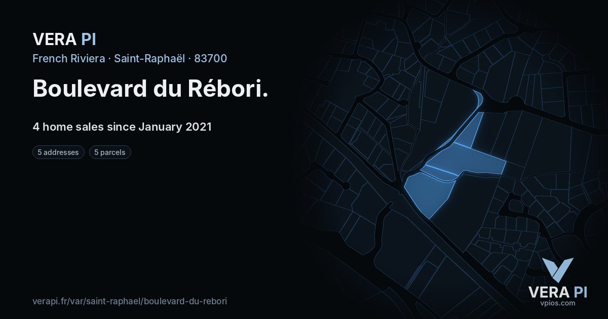 Boulevard du Rébori, Saint-Raphaël at night – every parcel coloured by the prices around it, the street's own parcels lit