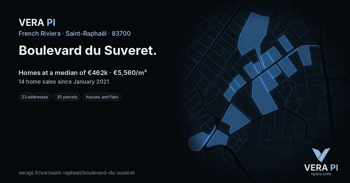 Boulevard du Suveret, Saint-Raphaël at night – every parcel coloured by the prices around it, the street's own parcels lit