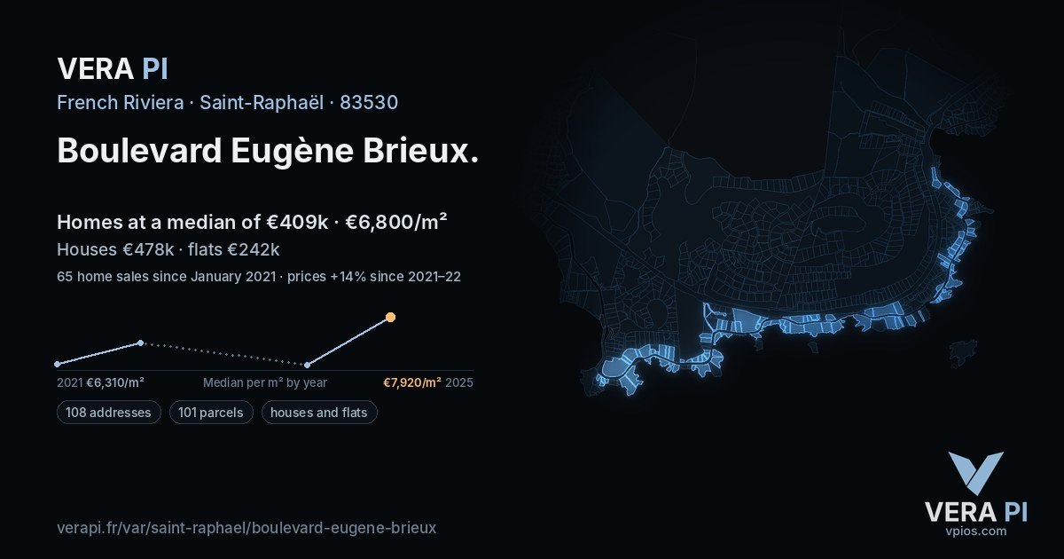 Boulevard Eugène Brieux, Saint-Raphaël at night – every parcel coloured by the prices around it, the street's own parcels lit