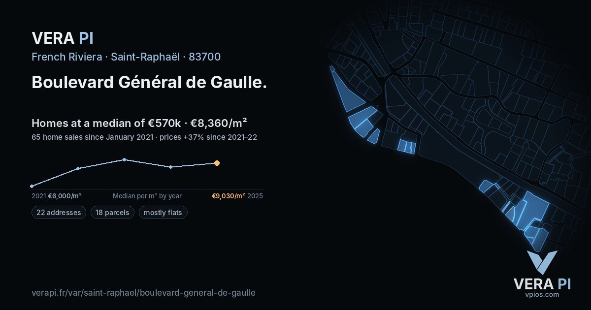 Boulevard Général de Gaulle, Saint-Raphaël at night – every parcel coloured by the prices around it, the street's own parcels lit