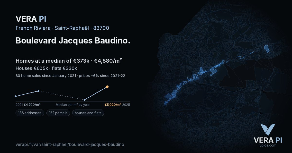 Boulevard Jacques Baudino, Saint-Raphaël at night – every parcel coloured by the prices around it, the street's own parcels lit