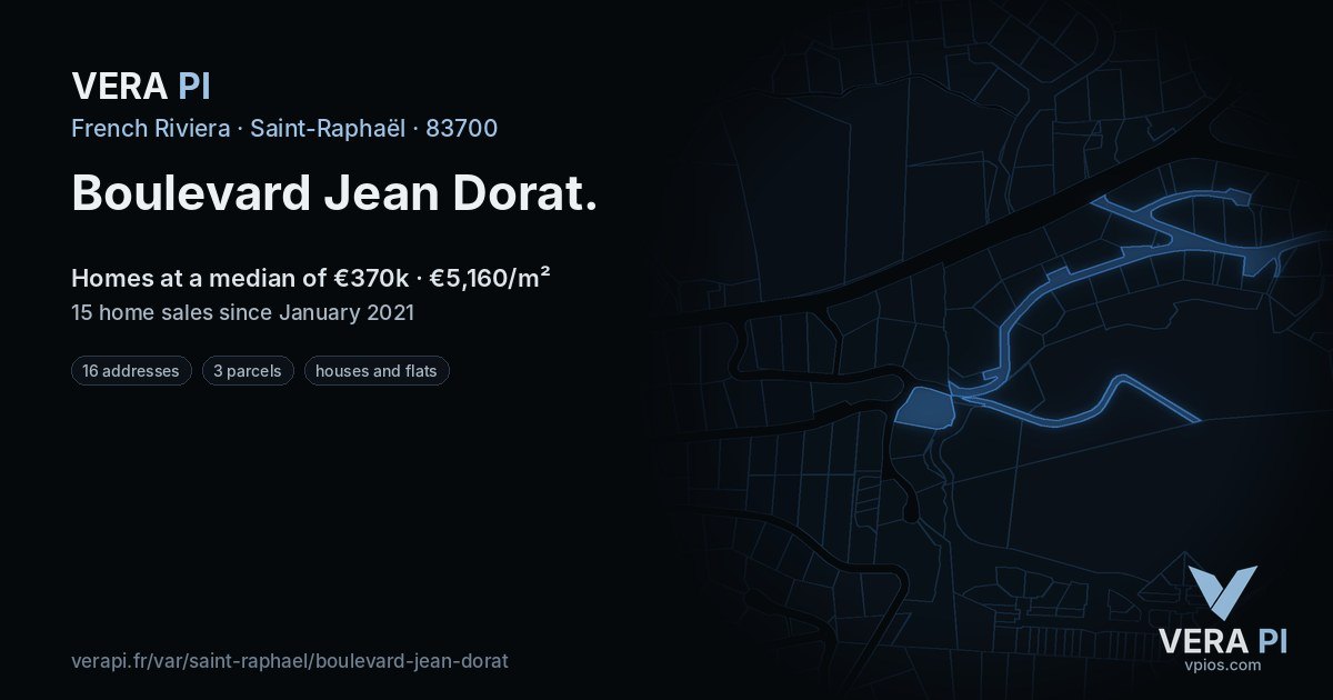 Boulevard Jean Dorat, Saint-Raphaël at night – every parcel coloured by the prices around it, the street's own parcels lit