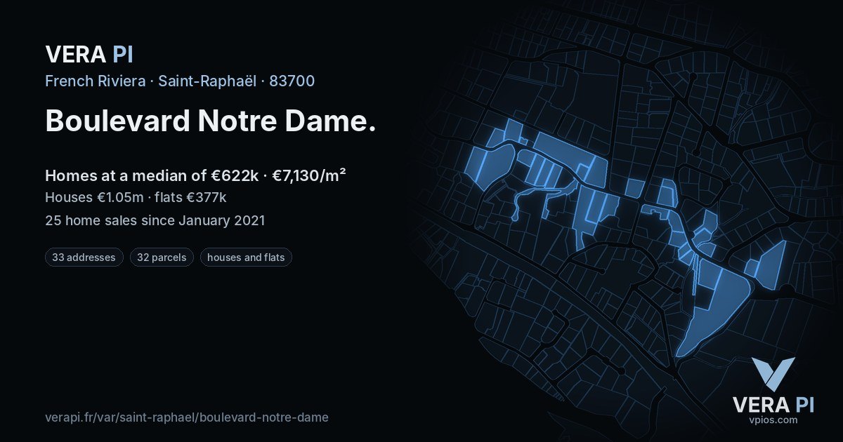Boulevard Notre Dame, Saint-Raphaël at night – every parcel coloured by the prices around it, the street's own parcels lit