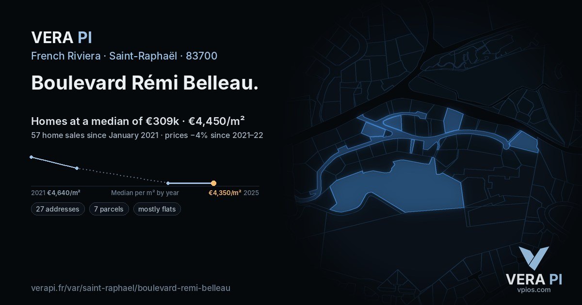 Boulevard Rémi Belleau, Saint-Raphaël at night – every parcel coloured by the prices around it, the street's own parcels lit