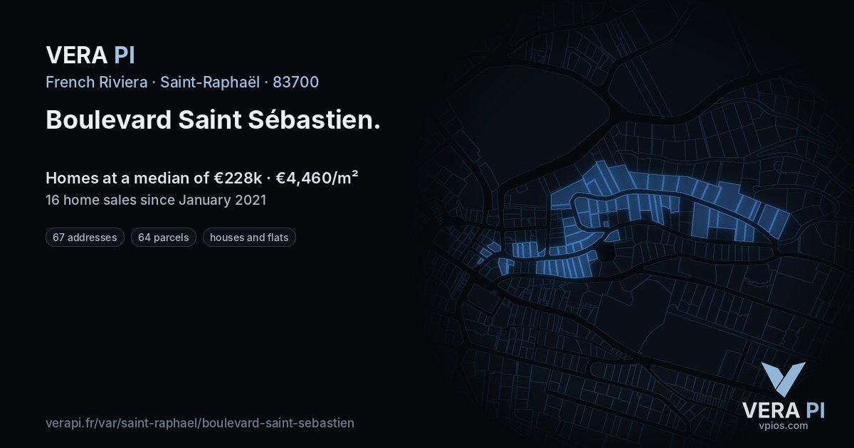 Boulevard Saint Sébastien, Saint-Raphaël at night – every parcel coloured by the prices around it, the street's own parcels lit