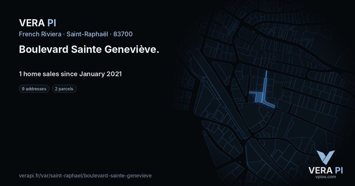 Boulevard Sainte Geneviève, Saint-Raphaël at night – every parcel coloured by the prices around it, the street's own parcels lit
