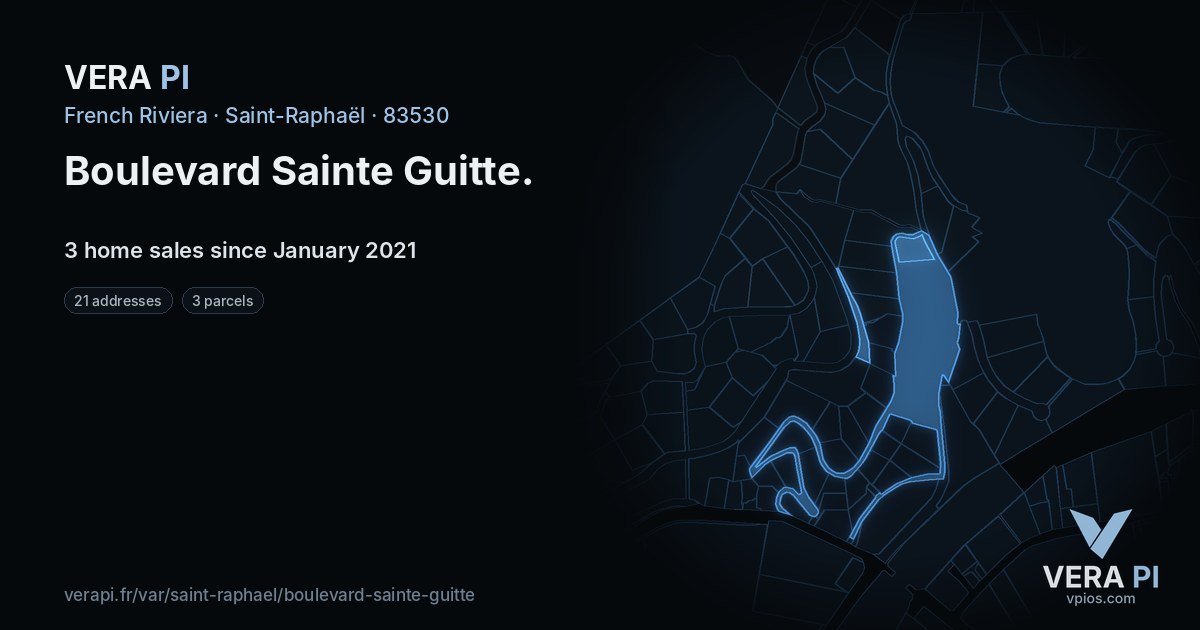 Boulevard Sainte Guitte, Saint-Raphaël at night – every parcel coloured by the prices around it, the street's own parcels lit