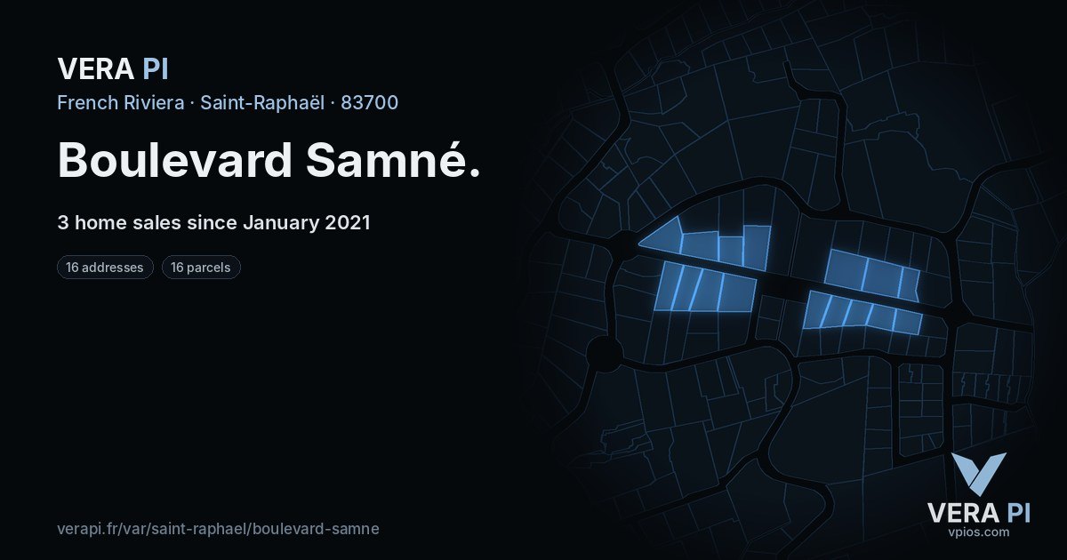 Boulevard Samné, Saint-Raphaël at night – every parcel coloured by the prices around it, the street's own parcels lit
