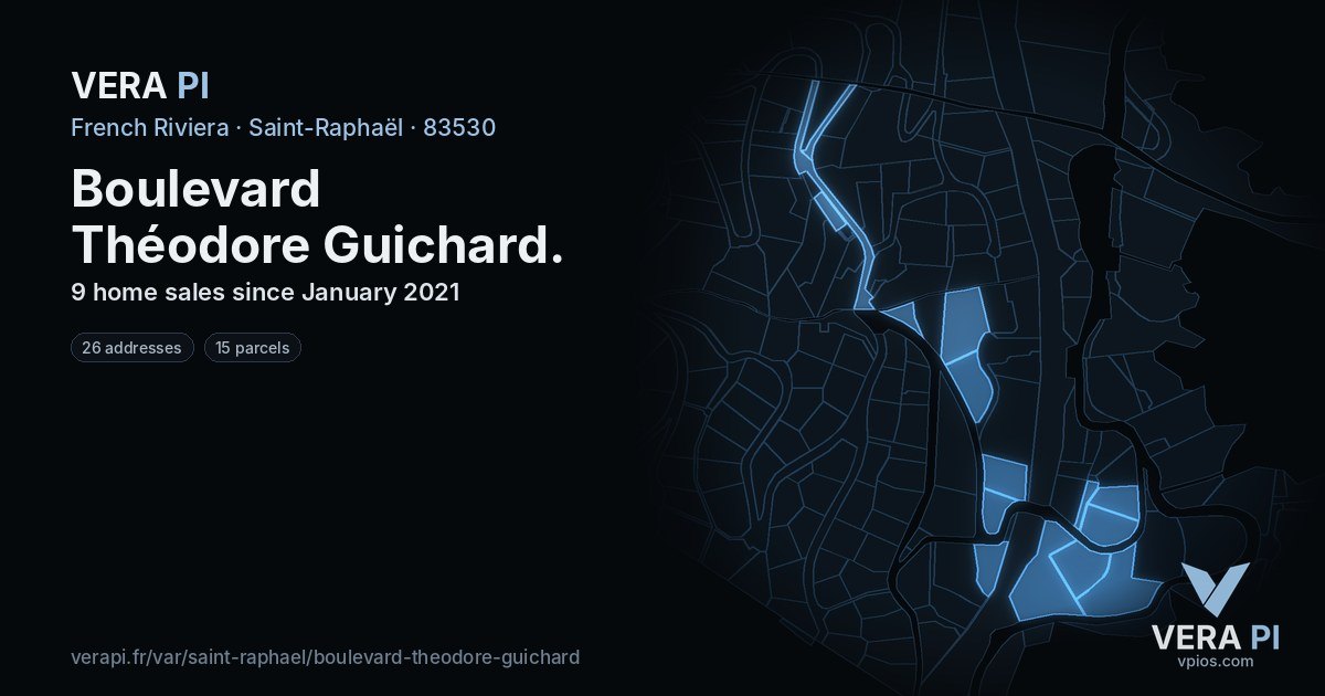 Boulevard Théodore Guichard, Saint-Raphaël at night – every parcel coloured by the prices around it, the street's own parcels lit