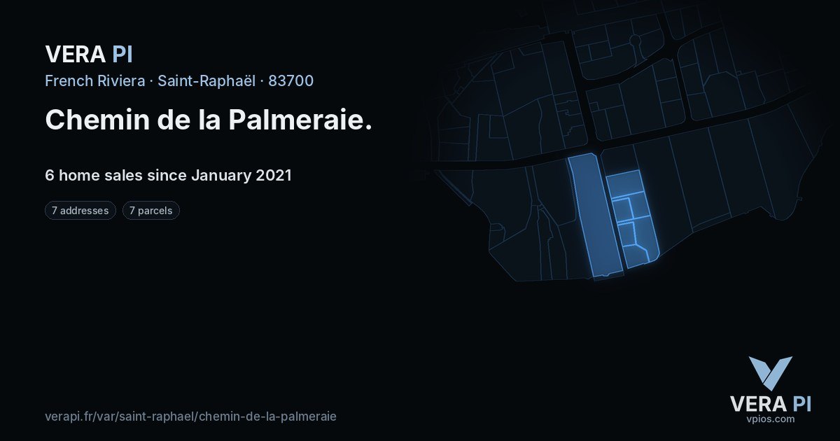 Chemin de la Palmeraie, Saint-Raphaël at night – every parcel coloured by the prices around it, the street's own parcels lit