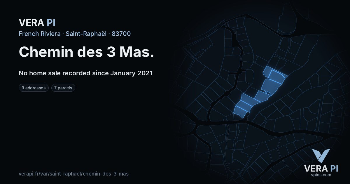 Chemin des 3 Mas, Saint-Raphaël at night – every parcel coloured by the prices around it, the street's own parcels lit