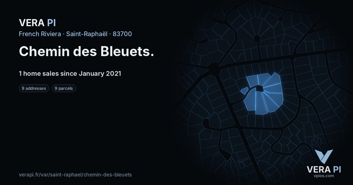 Chemin des Bleuets, Saint-Raphaël at night – every parcel coloured by the prices around it, the street's own parcels lit