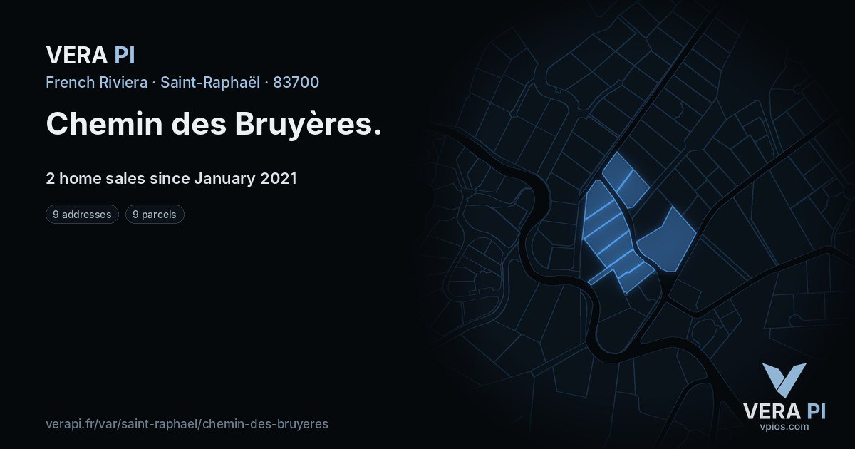 Chemin des Bruyères, Saint-Raphaël at night – every parcel coloured by the prices around it, the street's own parcels lit