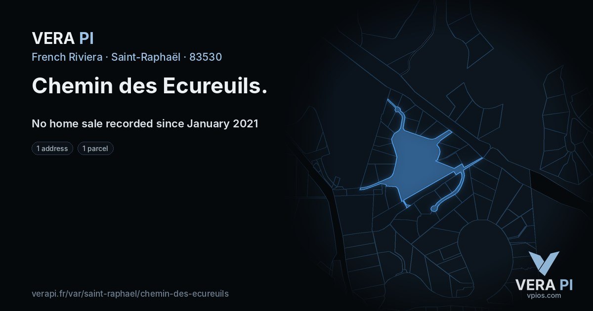 Chemin des Ecureuils, Saint-Raphaël at night – every parcel coloured by the prices around it, the street's own parcels lit