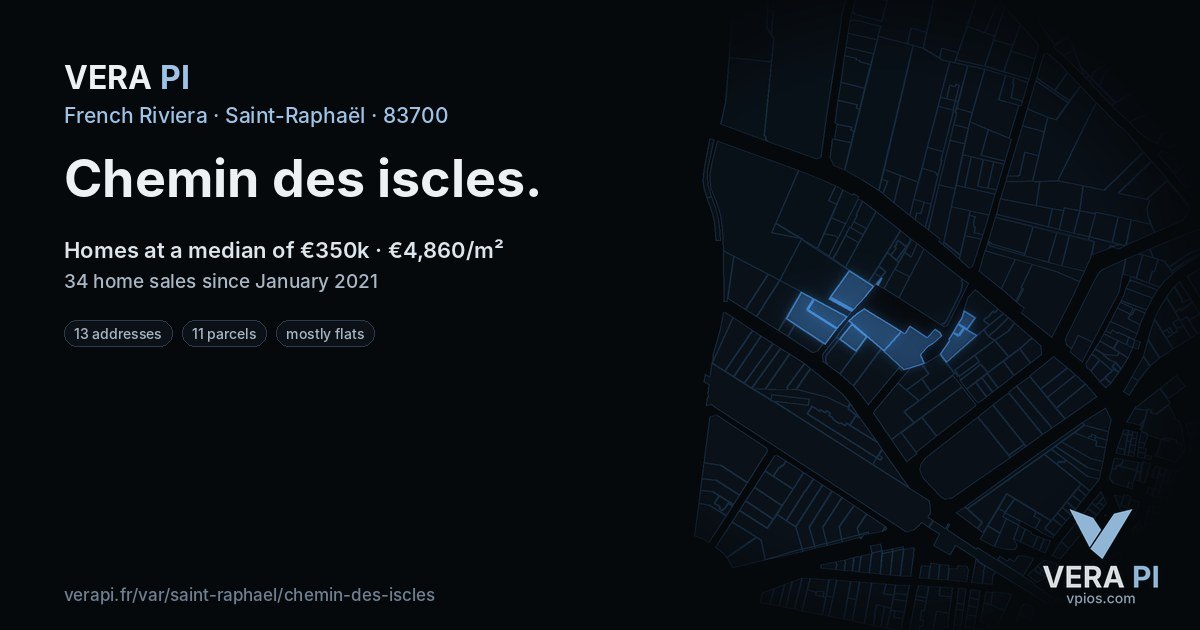 Chemin des iscles, Saint-Raphaël at night – every parcel coloured by the prices around it, the street's own parcels lit