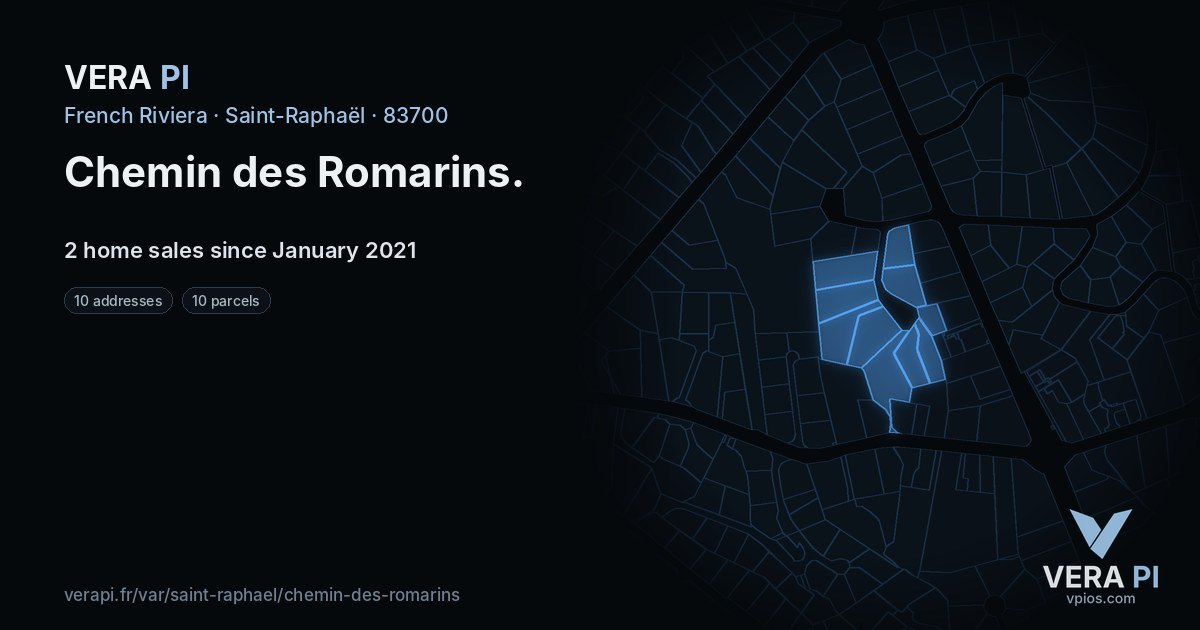 Chemin des Romarins, Saint-Raphaël at night – every parcel coloured by the prices around it, the street's own parcels lit