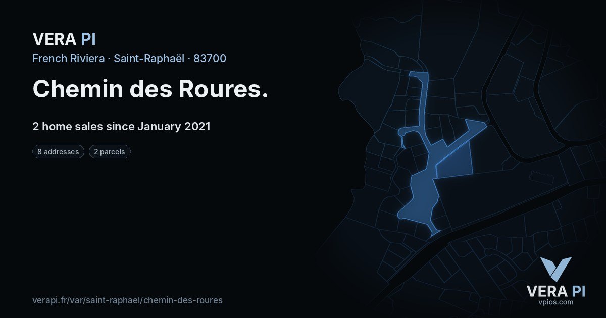 Chemin des Roures, Saint-Raphaël at night – every parcel coloured by the prices around it, the street's own parcels lit