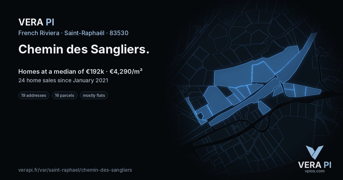 Chemin des Sangliers, Saint-Raphaël at night – every parcel coloured by the prices around it, the street's own parcels lit
