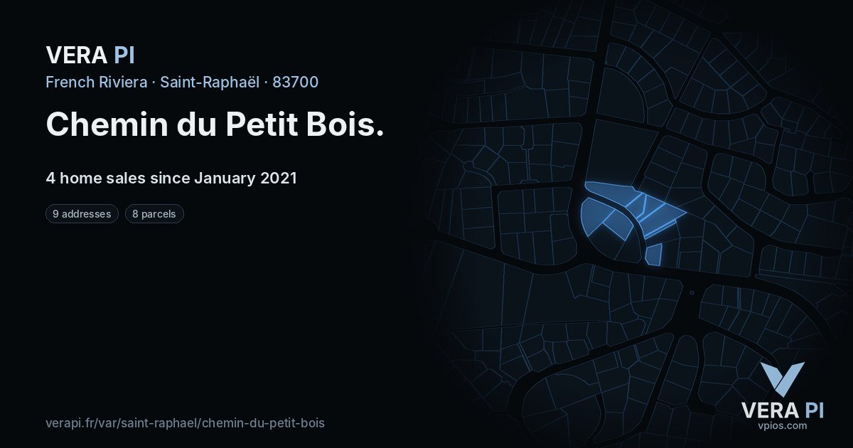 Chemin du Petit Bois, Saint-Raphaël at night – every parcel coloured by the prices around it, the street's own parcels lit