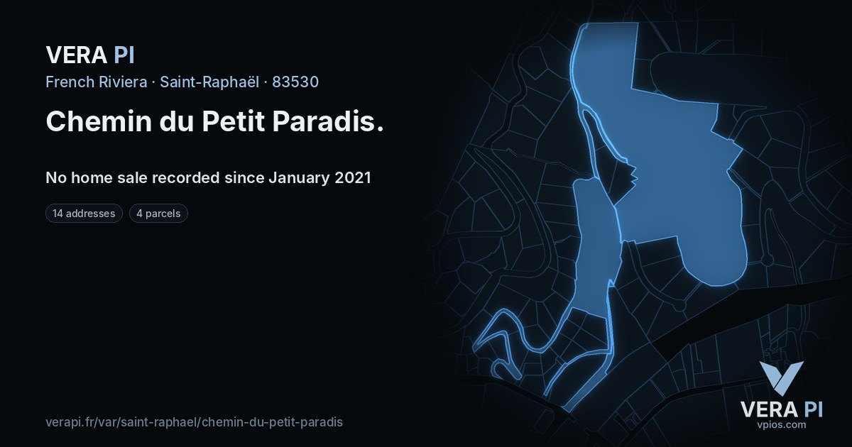 Chemin du Petit Paradis, Saint-Raphaël at night – every parcel coloured by the prices around it, the street's own parcels lit