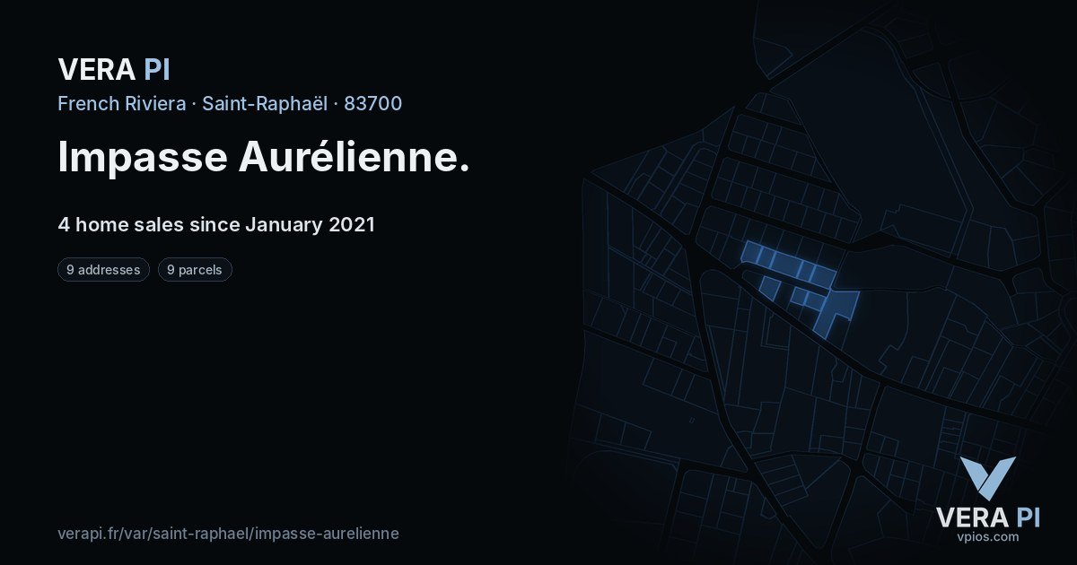 Impasse Aurélienne, Saint-Raphaël at night – every parcel coloured by the prices around it, the street's own parcels lit
