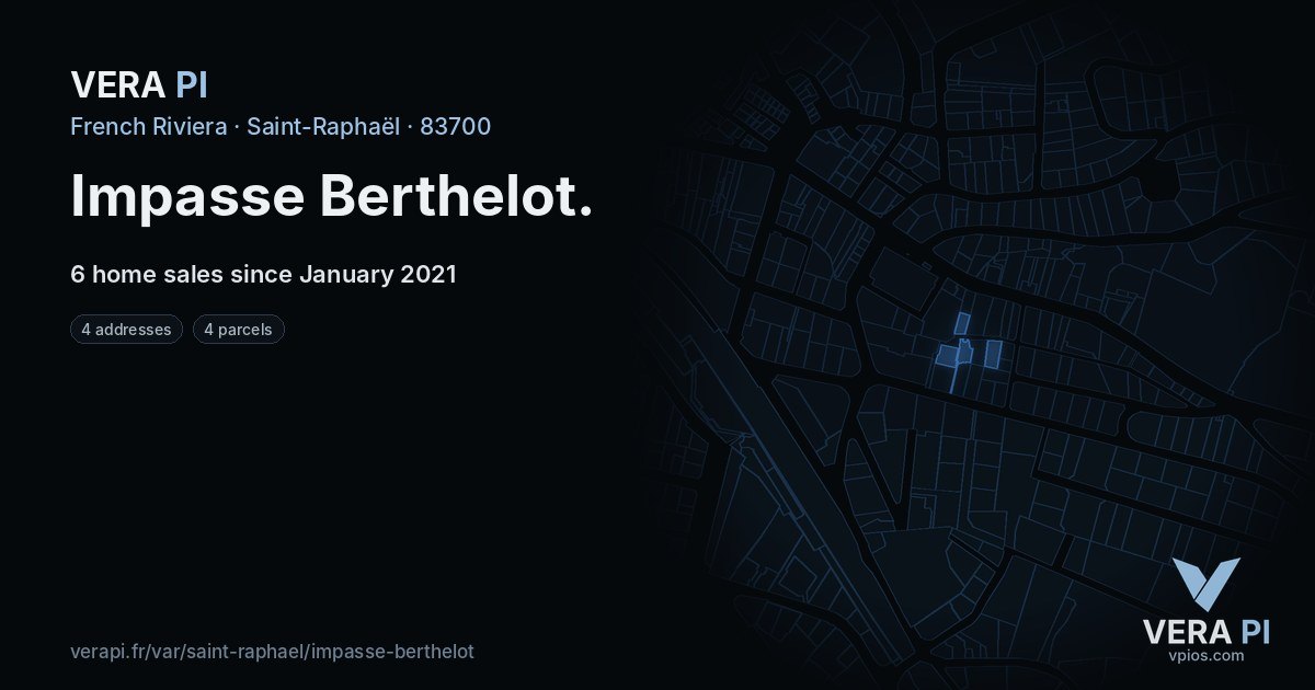 Impasse Berthelot, Saint-Raphaël at night – every parcel coloured by the prices around it, the street's own parcels lit