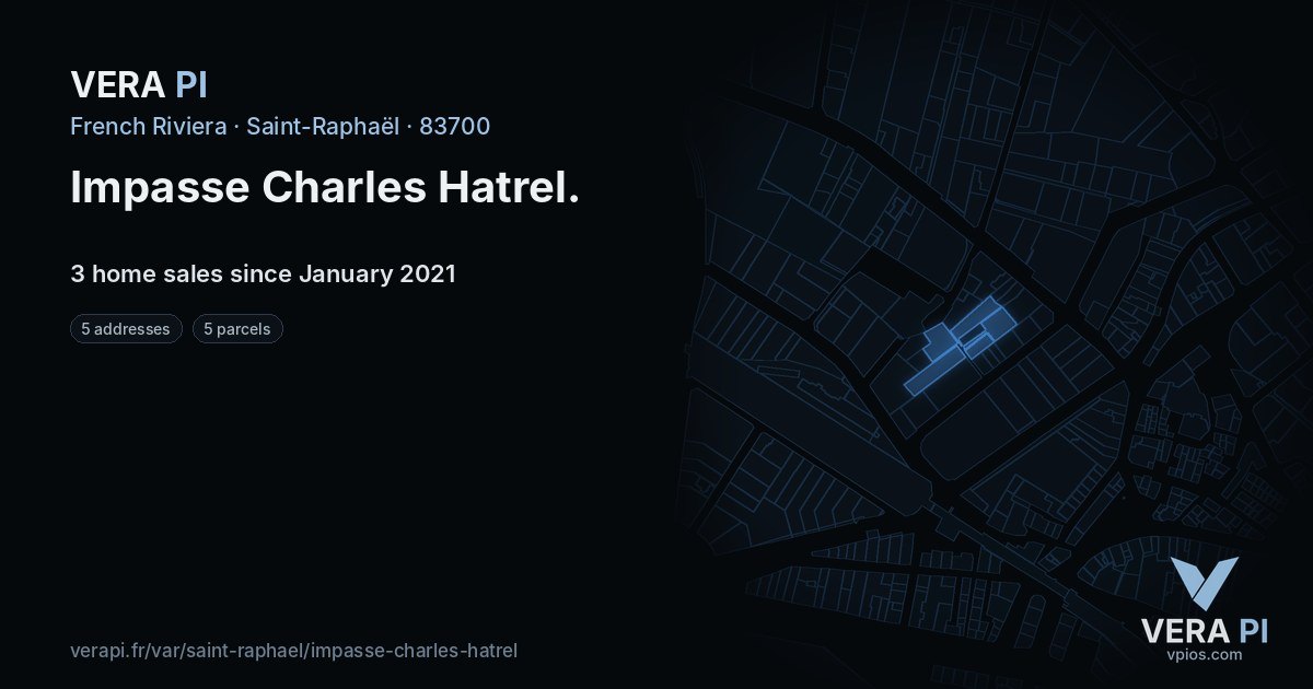 Impasse Charles Hatrel, Saint-Raphaël at night – every parcel coloured by the prices around it, the street's own parcels lit